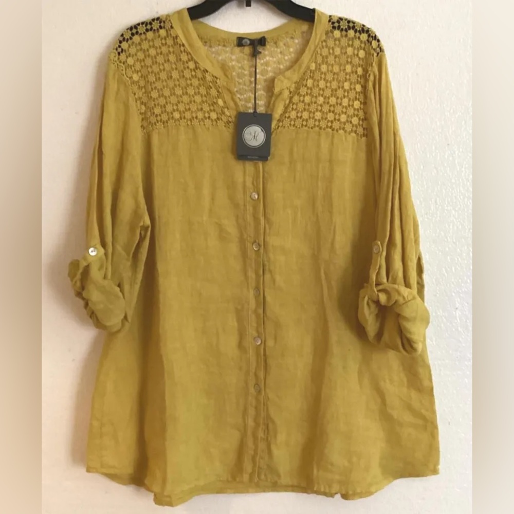 M Made in Italy Gold Linen Tunic Top Lace Trim Sz Small NWT